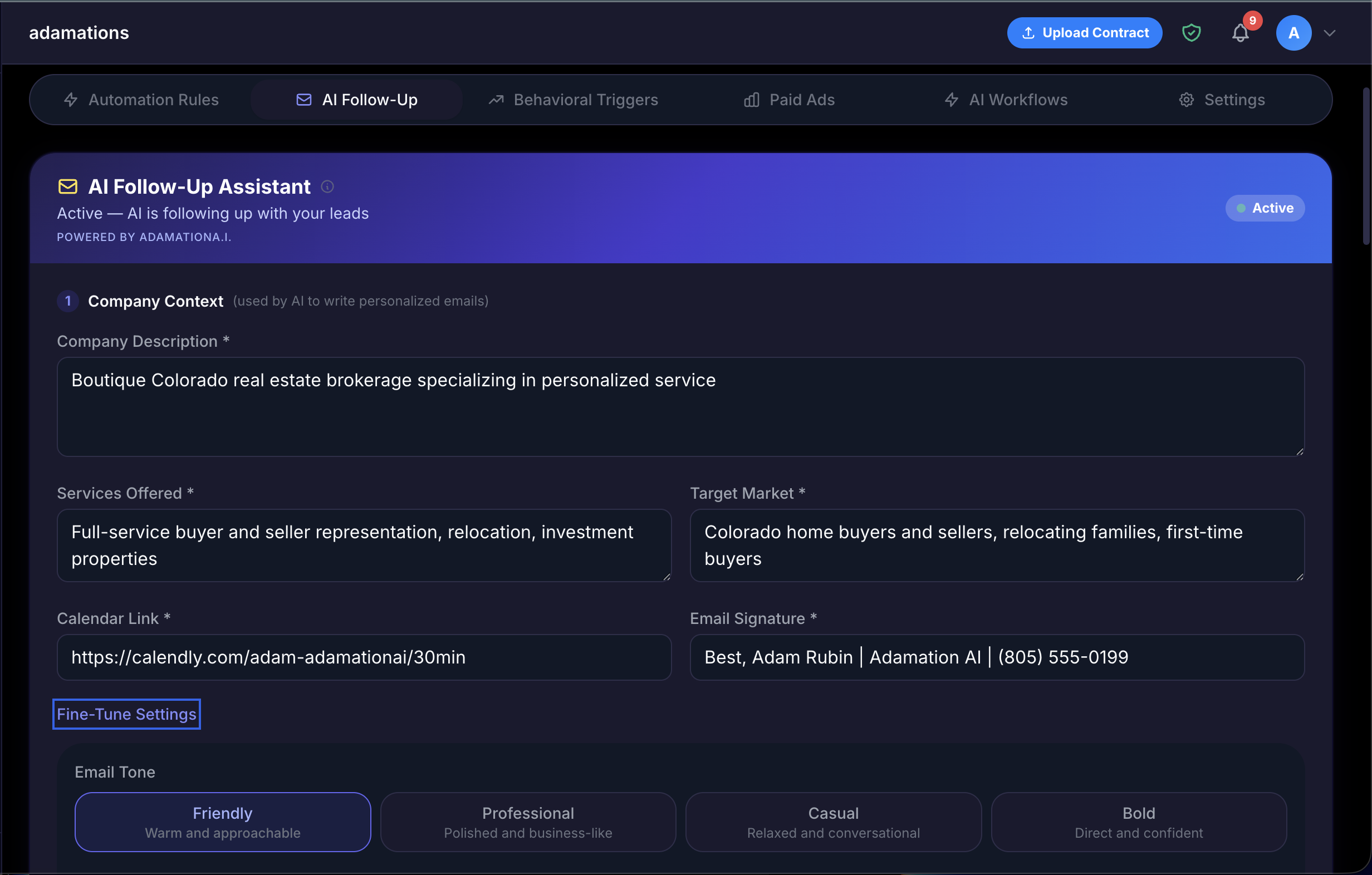 AdamationA.I. smart automations dashboard showing workflow automation cards with status toggles and configuration options