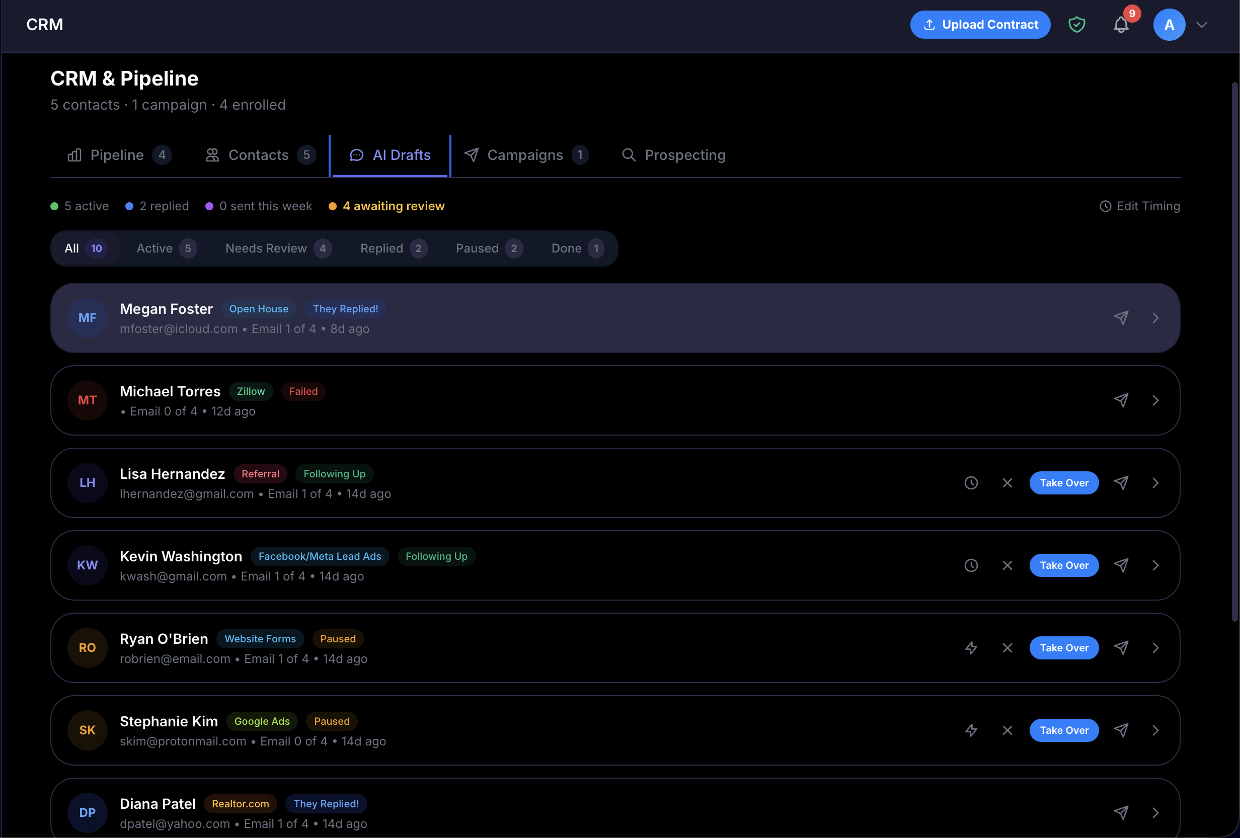 AdamationA.I. CRM pipeline management dashboard showing deal stages, contact records, and sales funnel analytics