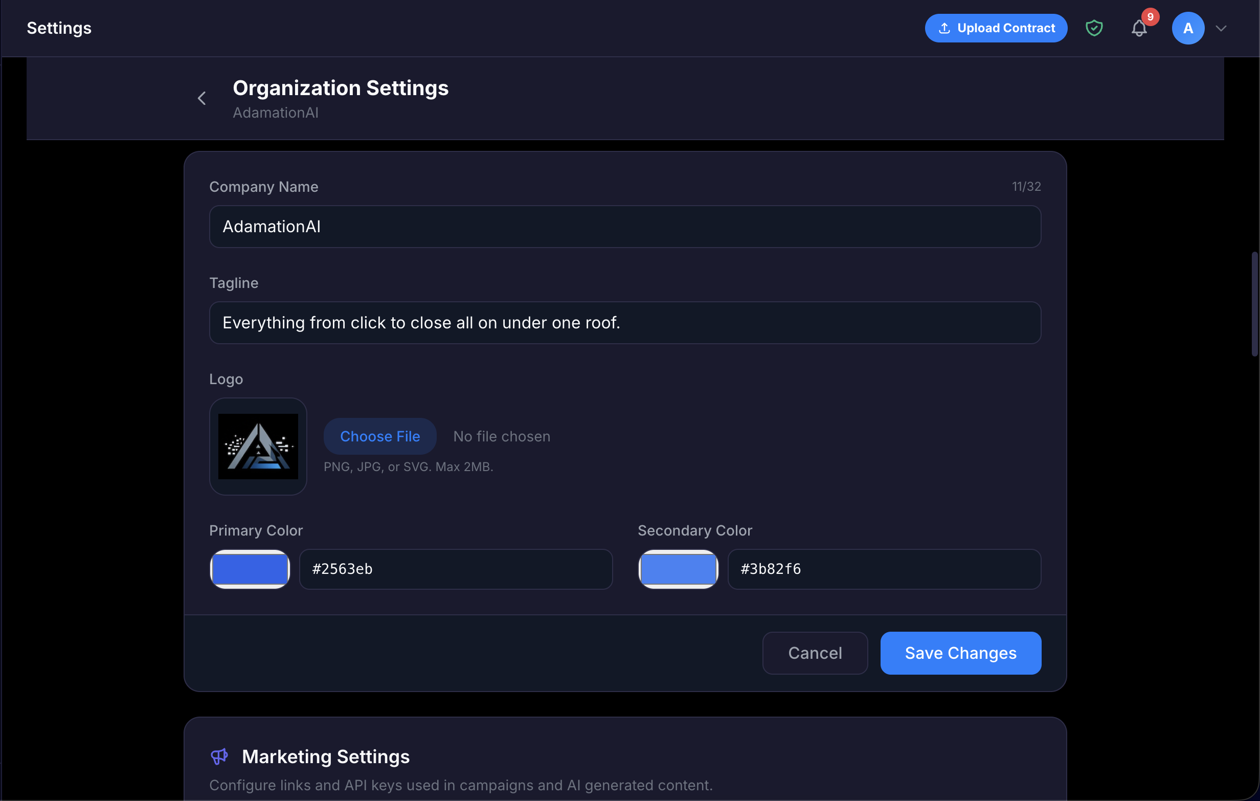 AdamationA.I. white-label branding and organization settings page showing custom logo upload, brand color configuration, and domain settings