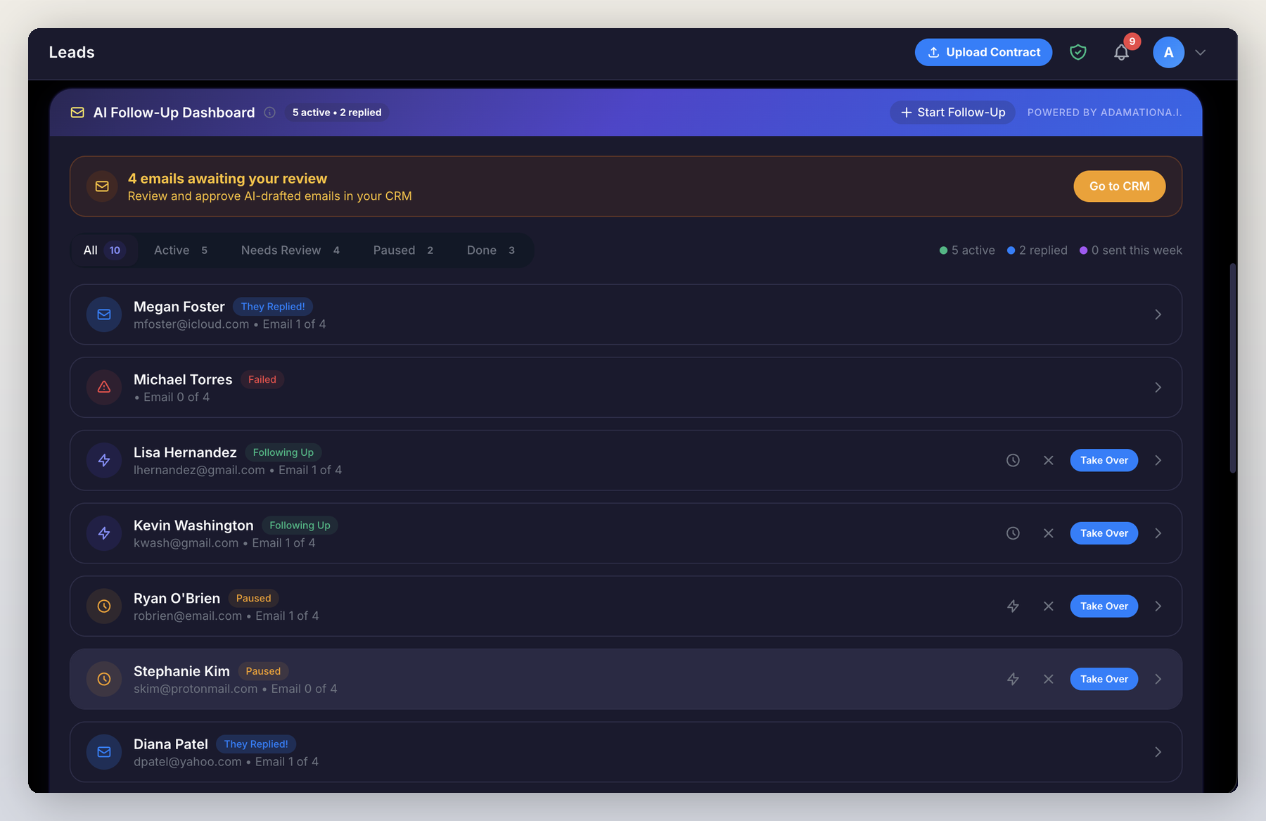 AdamationA.I. AI follow-up dashboard showing personalized email sequences with status tracking and reply detection