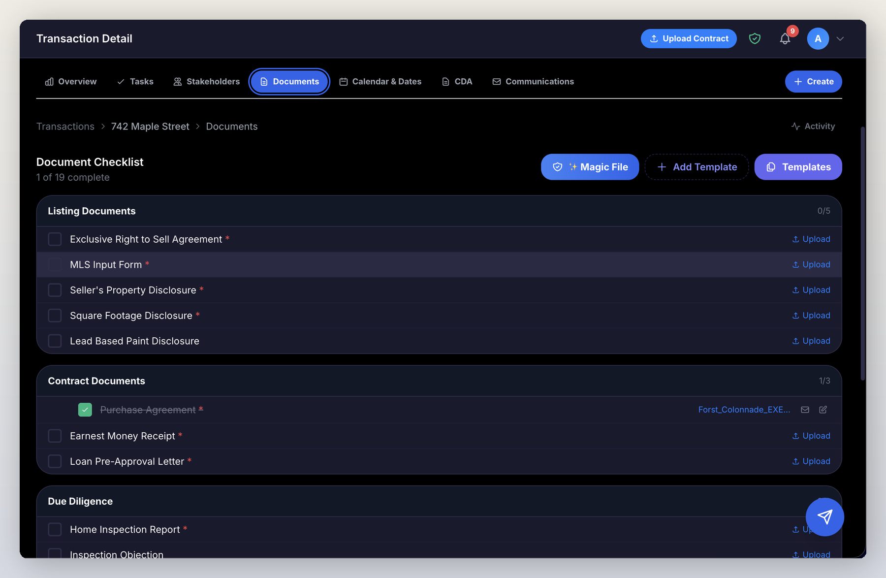 AdamationA.I. Magic File AI interface showing a PDF contract with AI-extracted data highlighted including property address, client name, and contract price with 97% confidence