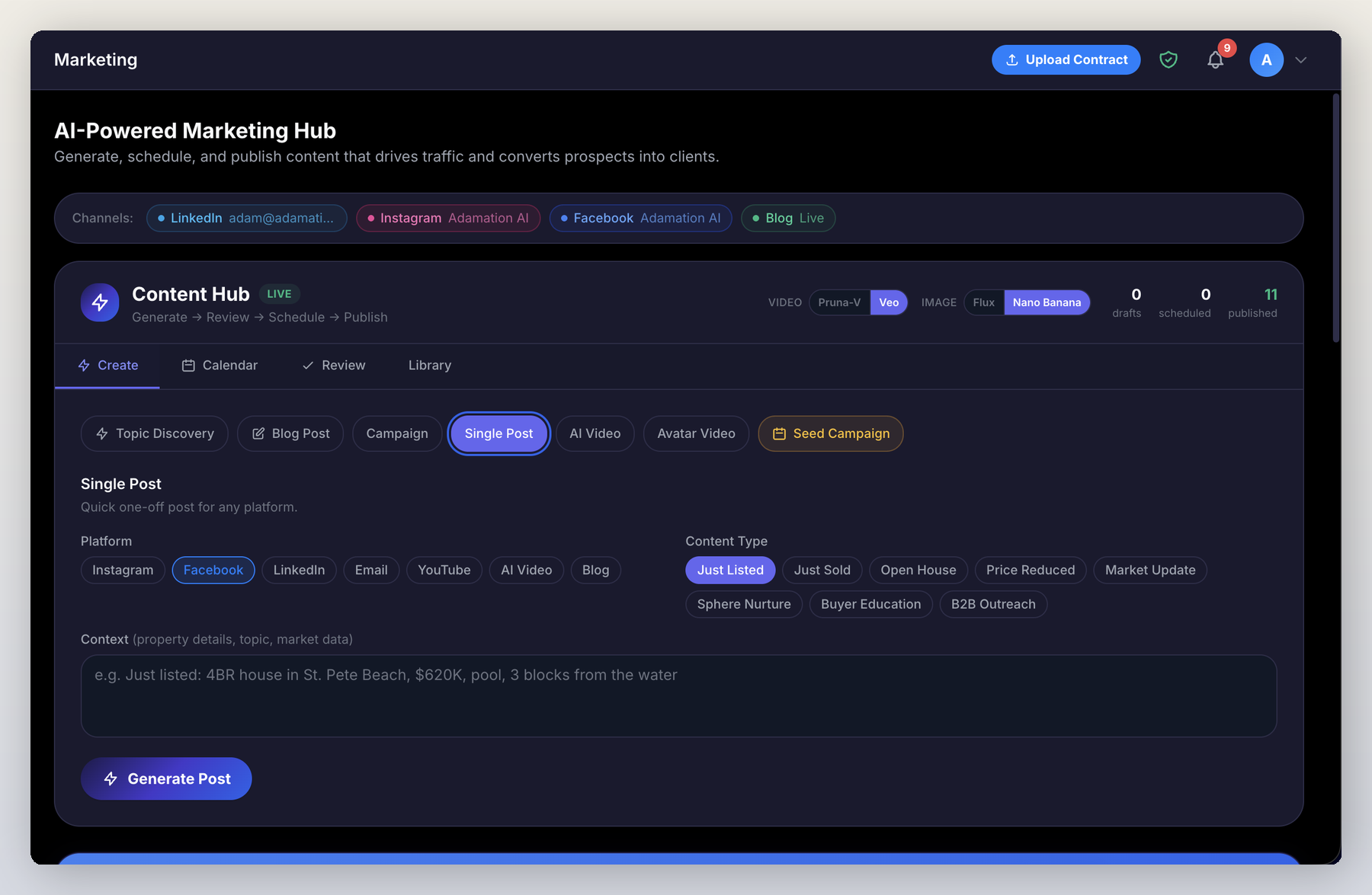 AdamationA.I. marketing hub dashboard showing AI content generation, content calendar, and social media scheduling