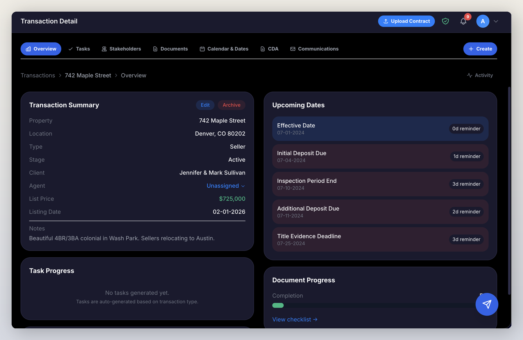 AdamationA.I. transaction management pipeline board showing property cards across New, Active, Under Contract, Closing, and Closed stages with $4.5M pipeline value